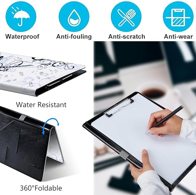 PU Leather Padfolio Clipboard Notepad with Pen Loop and Elastic Strap Interview/Resume Document Organizer for Business School Office,Dragonfly with Lotus Flower