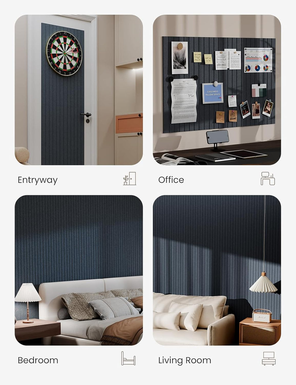 Bumusty Large Cork Board Alternative-36 x24 Felt Bulletin Board, with 30 Pushpins, 40 Adhesive Tabs, 6-Pack Slat Wall Paneling, Cork Boards for Office Push Pin Board Felt Board-Deep Charcoal Blue