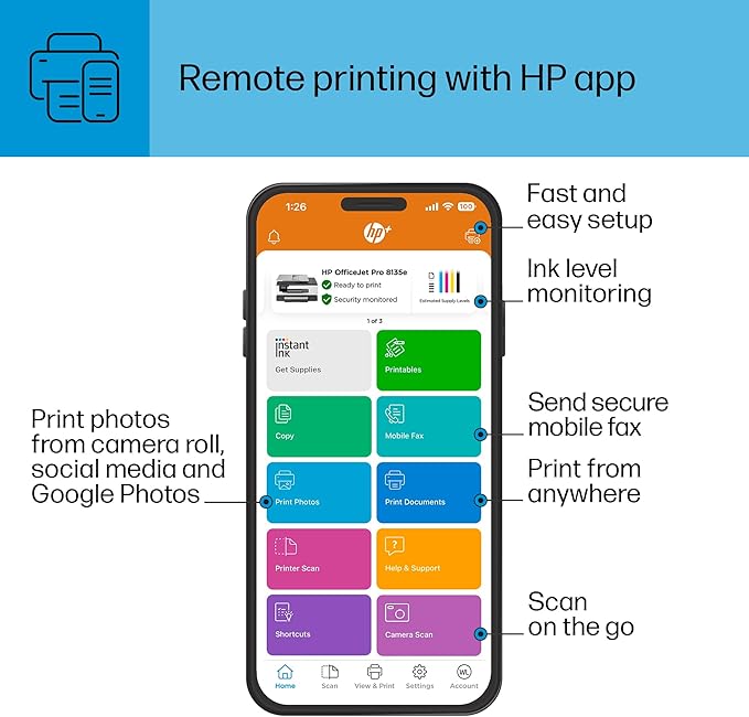 HP OfficeJet Pro 8135e Wireless All-in-One Color Inkjet Printer, Print, Scan, Copy, Fax, ADF, Duplex Printing, Best-for-Home Office, 3 Months of Instant Ink Included (40Q35A)