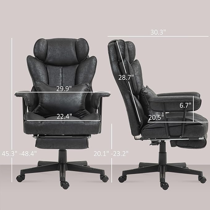 HOMCOM Executive Office Chair, 400LBS Big and Tall Office Chair with Foot Rest, Microfiber Computer Desk Chair with Lumbar Support, Reclining Function and Wide Seat, Black