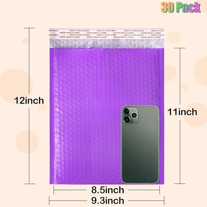 8.5 x 12 Inch Bubble Mailers, 30 Pack Self-Seal Poly Padded Envelope, Waterproof Shipping Bags for Small Business, Purple