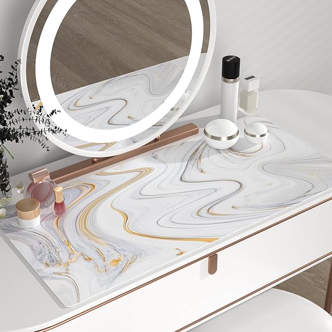 QIYI Large Mouse Pad, Cute Marble White Desk Mat, PU Leather Desk Protector Mousepad, Gold Grey Striped Waterproof Computer Keyboard Gaming Mouse Pads, Non Slip Extended Writing Pad 31.5" x 15.7"