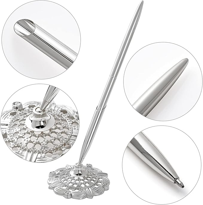 jiebor 2Pcs Silver Wedding Pen and Metal Pen Stand Holder Set Signing Desk Ballpoint Pen for Guest Book Bridal Teacher Wedding Engagement Graduation Business Home Office Gift Supplies Black Ink