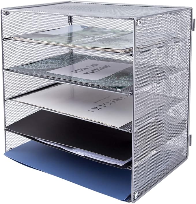 EASEPRES 5 Slot Mesh Desk Organizer Tray, File Paper Letter Folder Holder Desktop Paper Sorter Mail Organization Rack Storage Accessories, for Office Home School Classroom, Silver