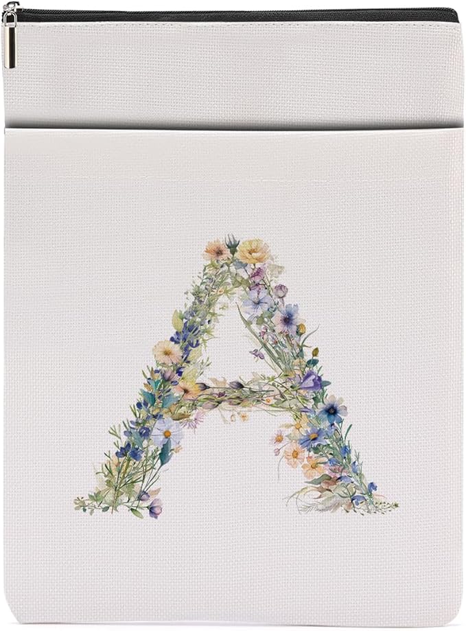 Monogrammed Book Sleeve Floral A Initial Book Pouch Book Accessories Book Lovers Gifts Waterproof Book Cover Book Protector Bookish Gifts Personalized Gifts for Women Girls Readers Bride Sister