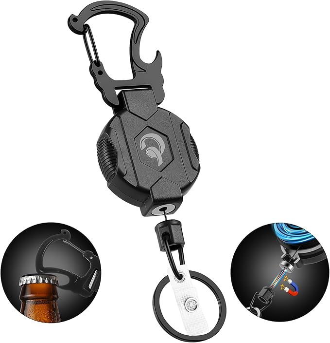 1 Pack Retractable Keychain Heavy Duty Carabiner Badge Holder with Magnetic Closure, Tactical ID Badge Reel for Men with 32” Steel Retractable Cord, Bearing 17 OZ