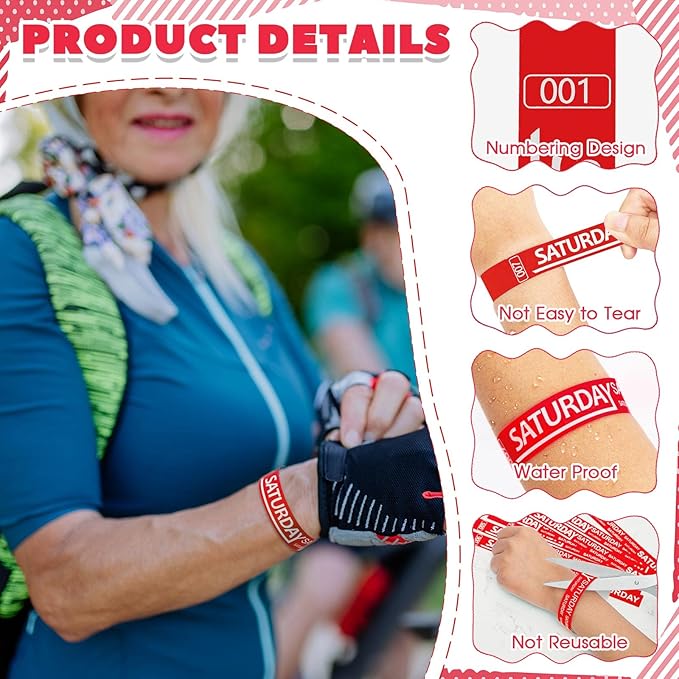 Henoyso 600 Pcs Saturday Paper Wristbands Event Wristbands Paper Bracelets Wristbands Numbered Waterproof Party Wristbands for Events Day of The Week(Red)