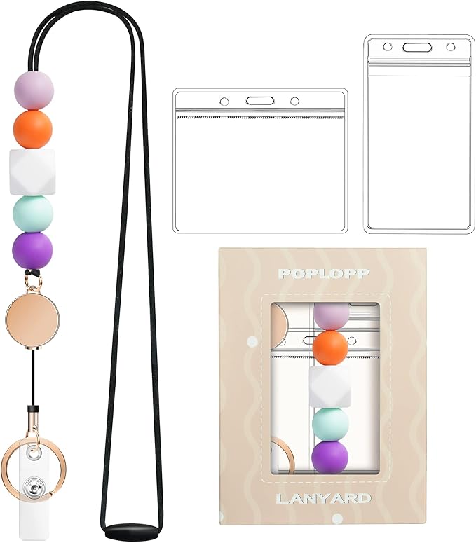 Retractable Lanyards for ID Badges and Keys, Cute Breakaway Teacher Lanyard with Badge Holders and Reels, Silicone Beaded Lanyard for Women, Nurses, Office with 2 Waterproof Card Holders