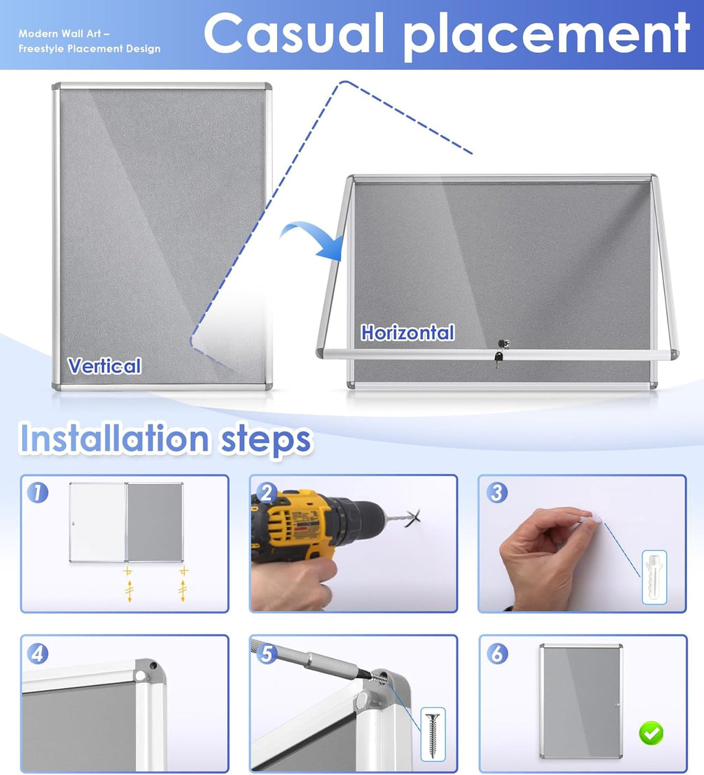SWANCROWN Enclosed Bulletin Board 36x24 in, Tamperproof Lockable Grey Felt Board Wall Display Case for Office School Home, Aluminum Frame