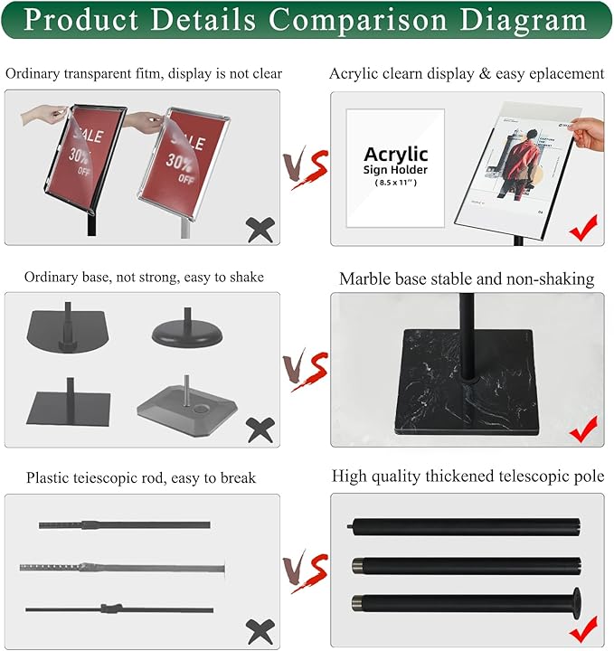 Adjustable Poster Sign Holder Stand 8.5x11 , Sign Holder Stand with Heavy Duty Marble Base, Reusable Sign Holder Vertical & Horizontal View Display for Indoor Outdoor Standing, 2 PACK (Square)