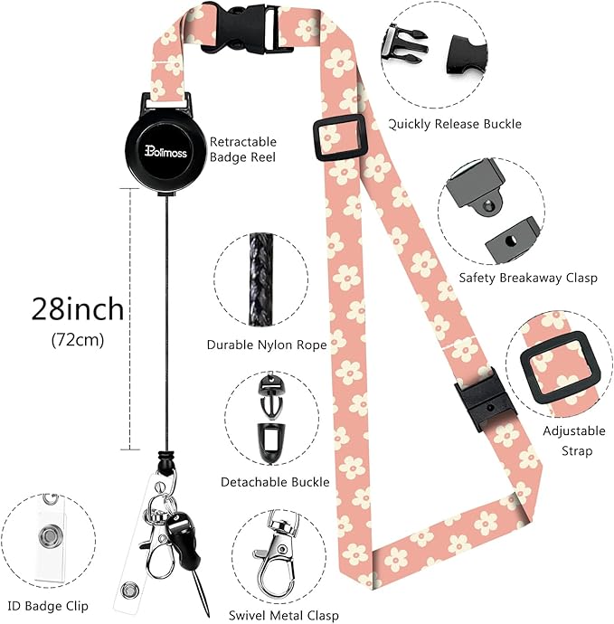 bolimoss Cute Leather Badge Holder and Adjustable Retractable Lanyards, Quick Release Buckle and Safety Breakaway Lanyards with Swivel Metal Clasp for Offices, Teacher, Student (Pink Groovy Flowers)
