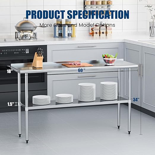Stainless Steel Table 18 x 60 Inches Metal Prep Table with Backsplash & Adjustable Undershelf for Commercial Kitchen, Outdoor, Restaurant, Hotel & Garage