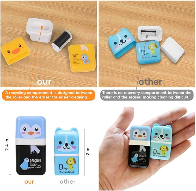 6 Pack of Pencil Erasers, Kids Eraser with Roller and Cover, Fun and Cute Animal Themed Eraser, Great Gift for Kid of Cute School Supplies