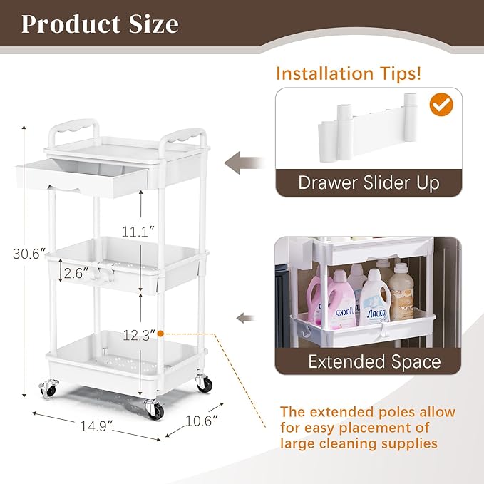 Rolling Utility Cart with Drawer 3 Tier, Utility Storage Organizer with Plastic Shelf & Lockable Wheels Multifunctional Storage Cart for Kitchen, Bathroom, Office, Living Room, White
