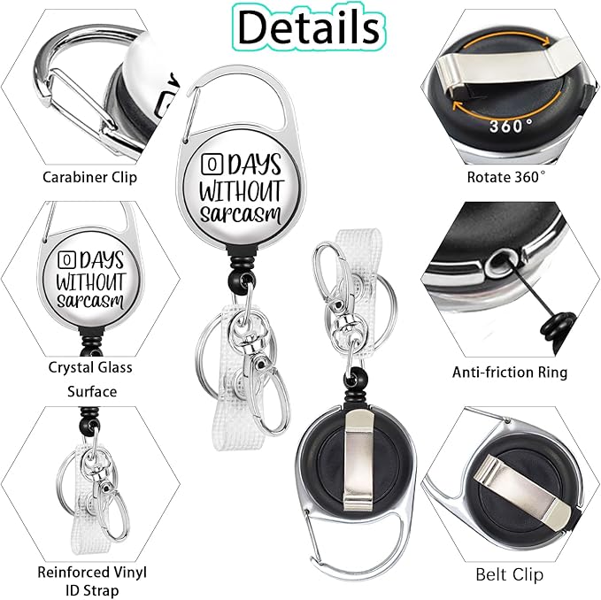 Gctriki Funny Badge Reel Heavy Duty with 360 Swivel Carabiner Clip, Cute ID Badge Holder, Nurse Teacher Retractable Keychain Name Badge Clip Zero Days Without Sarcasm