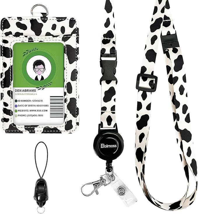 bolimoss Cow Print Lanyards for ID Badges Holder, Leather ID Name Badge Card Holder with Adjustable Retractable Lanyard,Quick Release Buckle & Safety Breakaway Lanyards with Swivel Metal Clasp