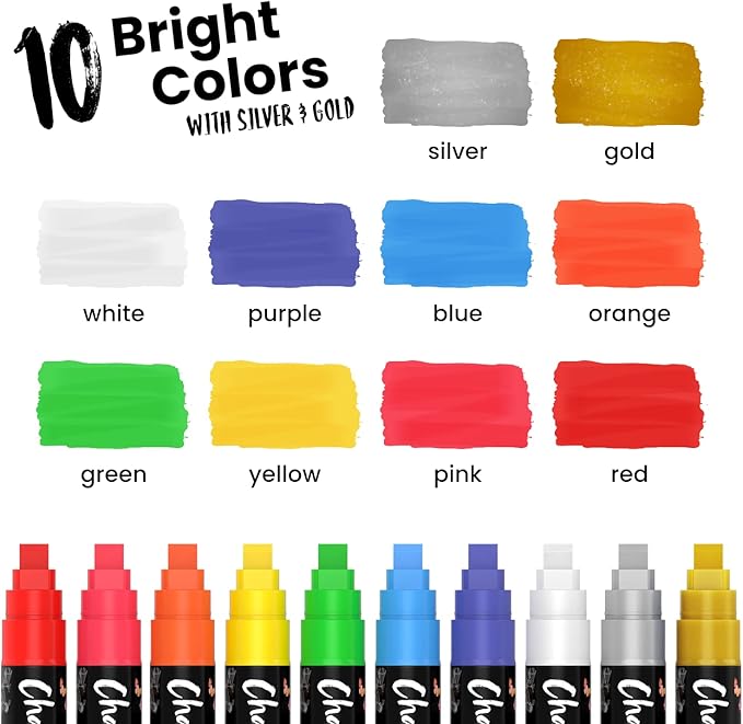 Chalkola Neon Car Window Markers - 10 Chalk Pens (with Gold, Silver) - 3 in 1 Nib, 10mm Jumbo Tip - Washable Liquid Chalk Markers for Blackboard, Chalkboard, Glass, Cars - Erasable Window Glass Pens