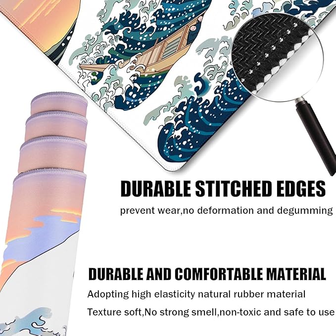 Japanese Large Mouse Pad,Desk Mat Large Office Desk Pad, Extended Large Mouse Mat for PC, Stitched Edges Gamer Mousepad 35.4 X 15.7 Inch Long Mice Pad, Sunset Sea