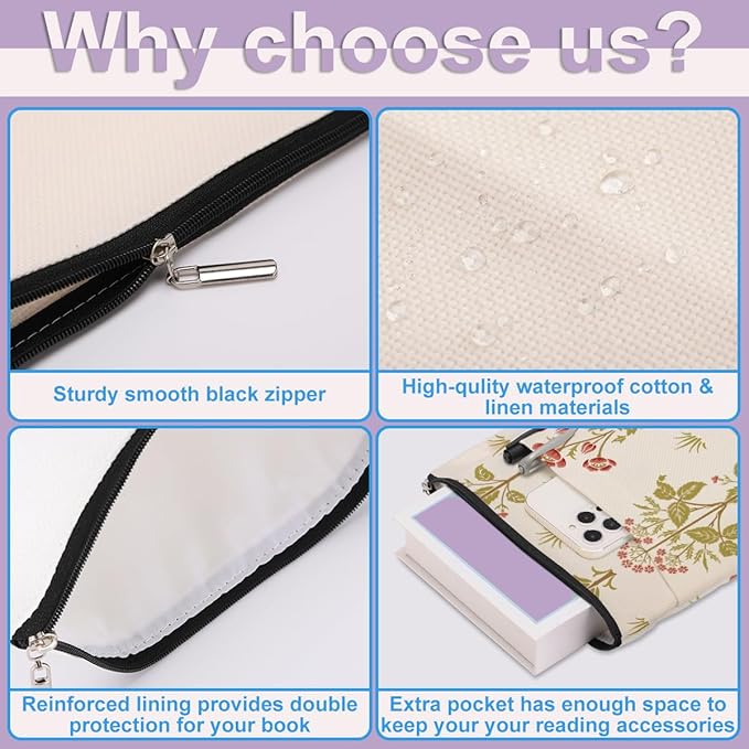 Retro Floral Book Sleeve Book Cover Classic Flower Book Protector with Zipper Christmas Birthday Book Club Gifts Book Accessories for Women Sister Bestie Librarian Girls Bookish Book Lovers Gifts