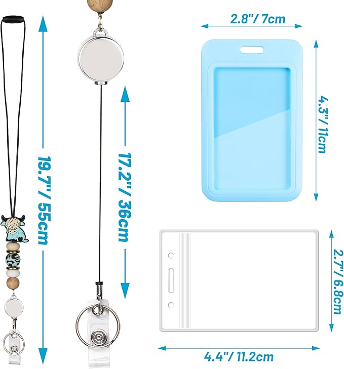 9 in 3 Sets Highland Cow Retractable Lanyard with ID Holder Breakaway Lanyard for Badge Reel Lanyard School Silicone Beaded Lanyard Cute