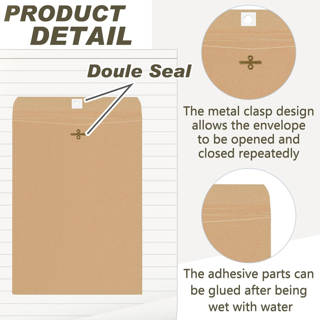 Geyee 100 Pcs Clasp Manilla Envelopes 9 x 12 Inch Gummed Colored Envelopes for Storing or Mailing for Home Office Business Supplies(Brown)
