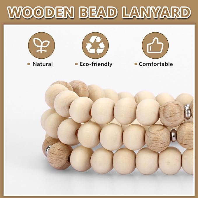 Teacher Lanyard with Id Holder, Retractable Lanyards for Id Badges Keys, Cute Natural Wooden Beaded Lanyard for Women