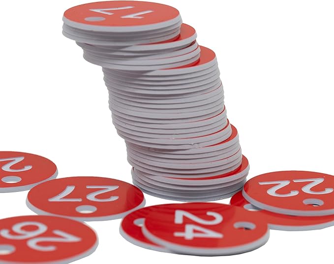 StayMax Plastic ID Number Tags Engraved Tags Key Tags Without Key Rings (1-50, Red)