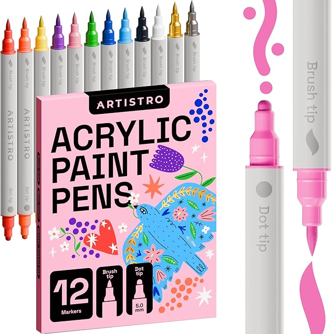 ARTISTRO 12 Acrylic Paint Markers for Fabric, Rocks, Paper, Wood, Canvas, Glass, DIY - Safe for Kids Dual Tip Acrylic Paint Pens (Dual Tip Dot + Brush, 12)