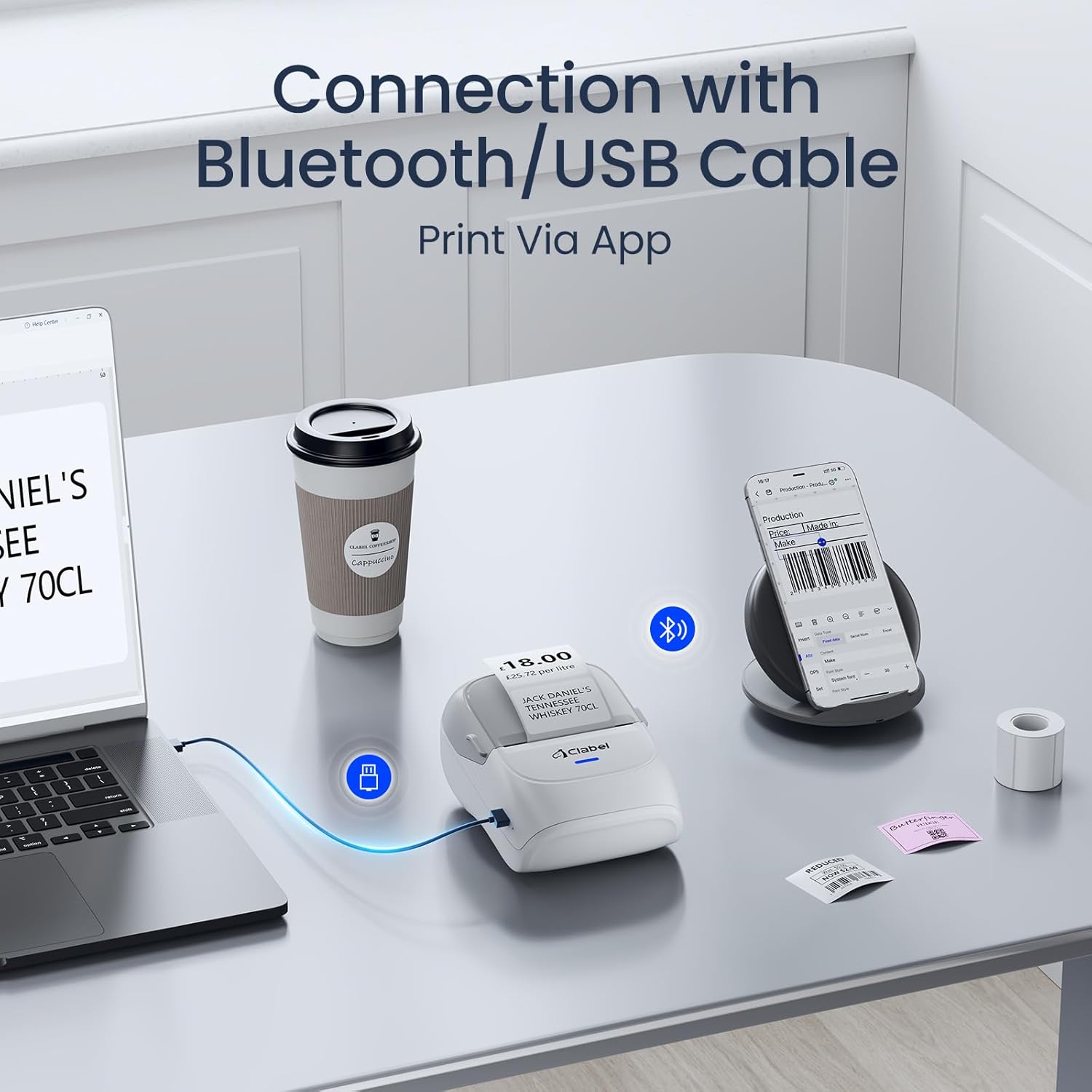 CLABEL Thermal Label Maker Machine: 221B Bluetooth Label Printer Mini Sticker Barcode Printer Inkless Label Maker Compatible with Clothing Price Labeling with 1 Roll of 50x30mm Label(Gray White)