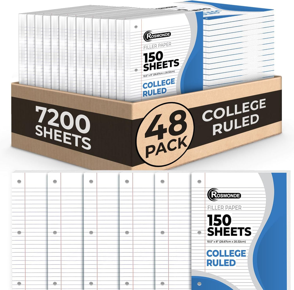 Loose Leaf Paper Bulk, 7200 Sheets, 48 Pack, College Ruled Sheets, 8 x 10.5", 150 Sheets/Pack, 3 Hole Punch, Bulk Notebook Paper, Filler Sheets, Fits Standard Binders, Fights Ink Bleed, White