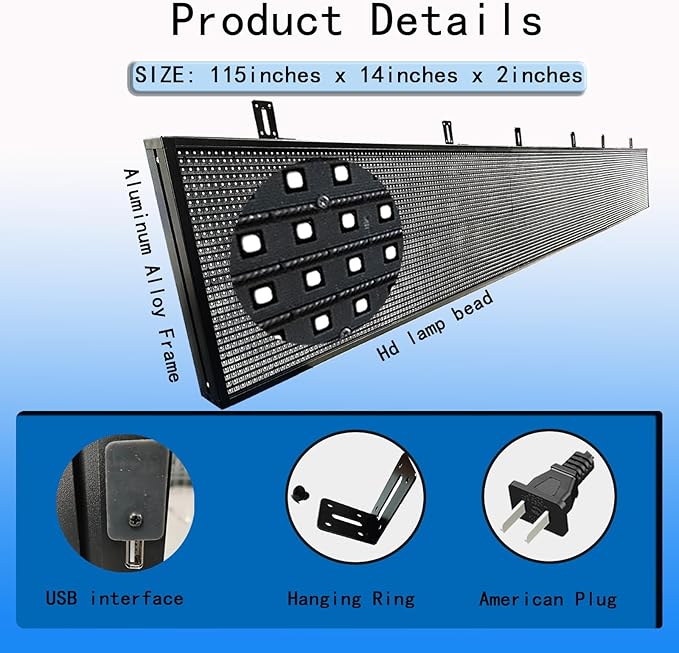 P10 Outdoor Programmable Scrolling Led Digital Sign , Electronic Sign Display Marquee Screen Custom Word Advertising Message Board for Business Store Restaurants Window, Wifi Control Full Color115"X14"