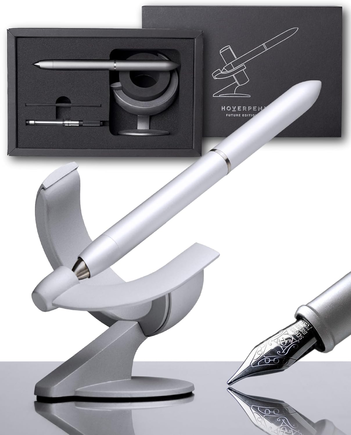 novium Hoverpen Future Edition - Luxury Metal Fountain Pen, Fine Nib, Aerospace Metal, Futuristic Desk Pen, Free Spinning Executive, Signing Pen (Frost Silver)