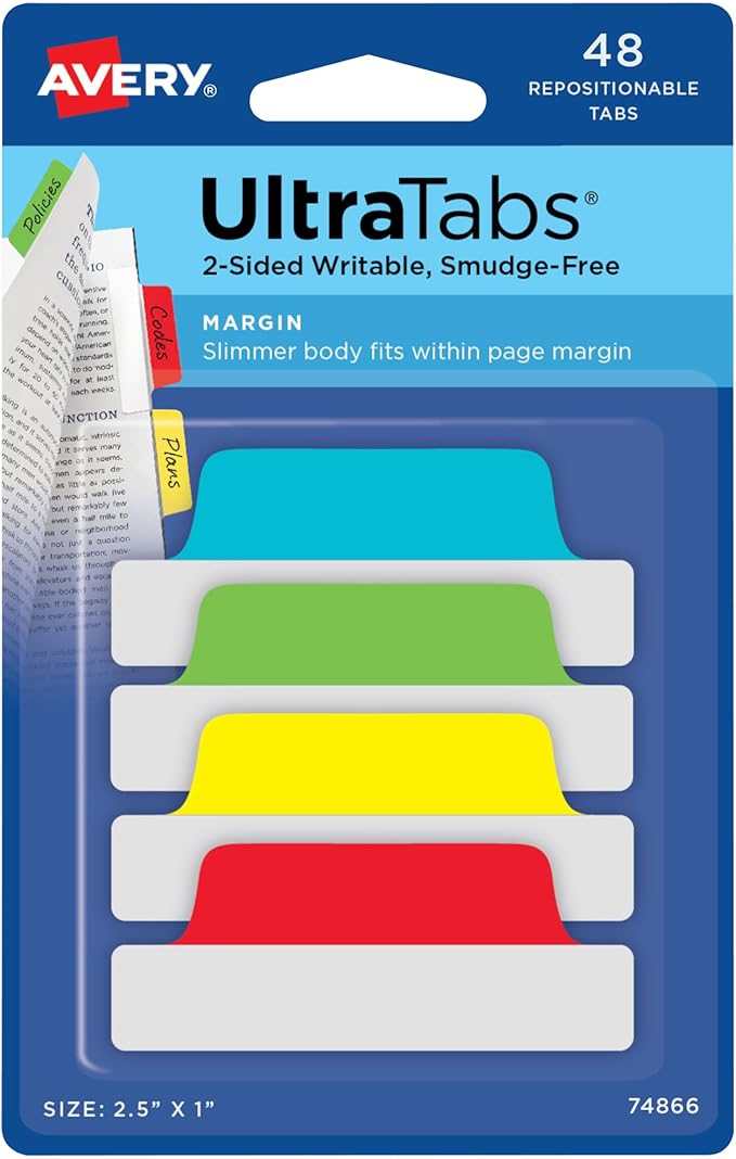 Avery Margin Ultra Tabs, 2.5" x 1", 2-Side Writable, Assorted Colors, 48 Repositionable Page Tabs (74866)