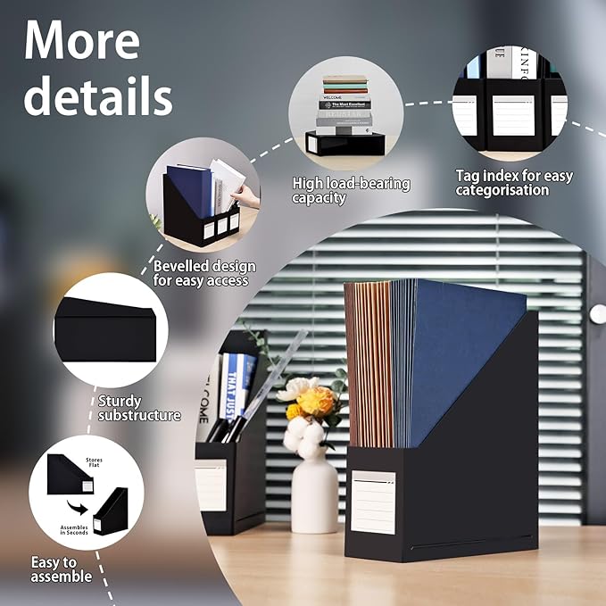 Magazine File Holder(2Pack,Black)-XiePiPiPaper Paperboard Book Organizer- Desk Magazine File Organizer for Home, Office, Classroom-Storage Box for Dounments with Label Stickers.