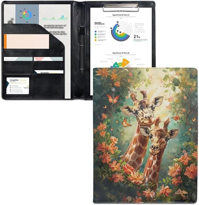 Office Folder Deer Butterfly Print PU Leather Padfolio with A4 Size Clipboard Clip for Business Resume Interview Document Sleeve Binder Folder for Men/Women