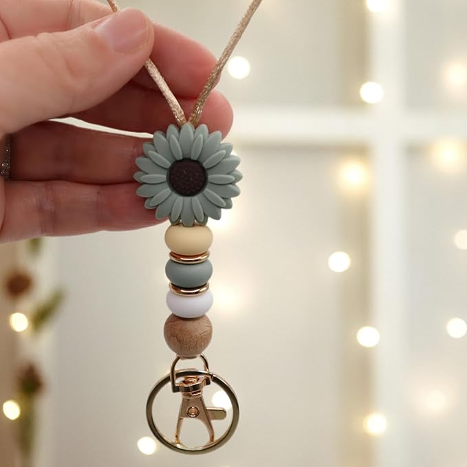 Flower Teacher Lanyards ID Badge and Key Chain, Cute Silicone Beads Lanyard for Women Nurse Work Student (Green)