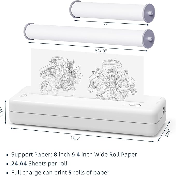HPRT Wireless Portable Printer - Bluetooth Thermal Printer for Travel, Mobile Office, School, Home Compatible with iOS Android
