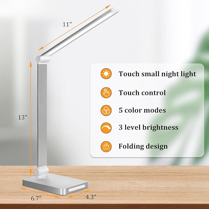 Dott Arts LED Desk Lamp with USB Ports,Touch Desk Lamps for Home Office with 5 Color Modes,3 Brightness Desk Light with Small Night Light,Reading Lamp Table LED Lamp for Bedroom Bedsid Study Sliver