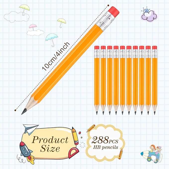 Chivao 288 Pieces Golf Mini Pencils Bulk with Eraser #2 HB Golf Short Pre Sharpened Pencils for Party Favors Office Supplies 4 Inch(Yellow)