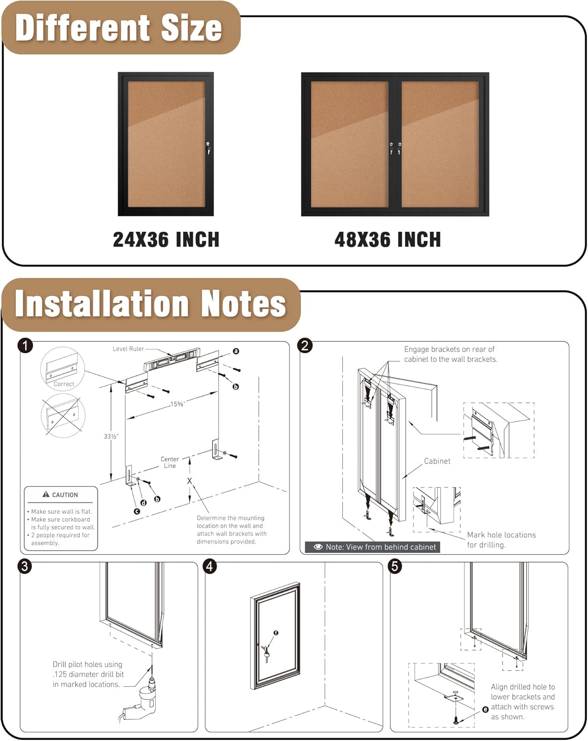36"x24" Enclosed Bulletin Board, Outdoor Lockable Weather-Resistant Aluminum Cork Noticeboard for School & Office Hospital, Black Frame w/Cork