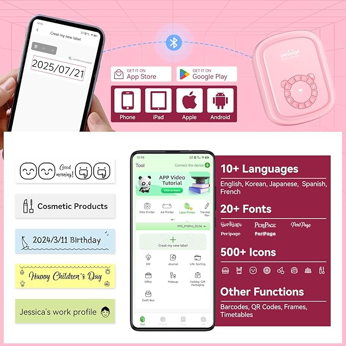 Portable Label Maker Machine P10Pro - Wireless Bluetooth Label Printer with Tape Included, Multiple Templates, Easy to Use for Office and Home Organization, USB Rechargeable（Pink）