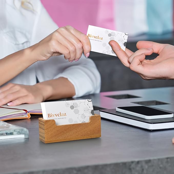 2 Pack Business Card Holder Desk, Acacia Wood Business Card Organizer Desktop Business Card Display Stand for Office Tabletop Exhibition, Small Business Essentials