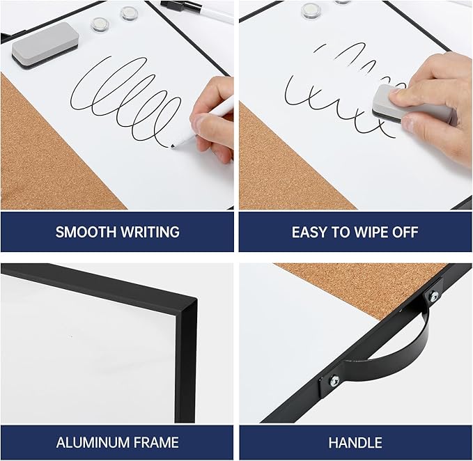 TSJ OFFICE Small Whiteboard Cork-Board - 12" X 16" Portable Aluminum Black Framed Magnetic Dry Erase Board for Wall, Small Bulletin Cork Board with Holder for Office, Home and School