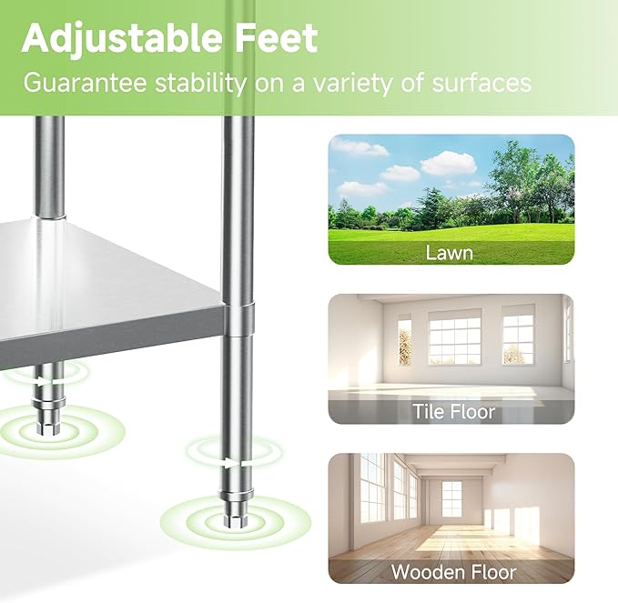 Real Relax Stainless Steel Table, NSF Commercial Heavy Duty Stainless Steel Table for Prep with Adjustable Undershelf, for Commercial Kitchen, Laundry Room and Garage - 24" D x 60" W x 34" H