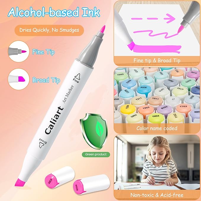 Caliart Pastel Markers, 61 Colors Dual Tip Alcohol Markers, Easter Basket Stuffers for Kids Teens Toddler, Sketch Pens Permanent Art Markers Set for Adult Book Eggs Decorations Gift Drawing Supplies