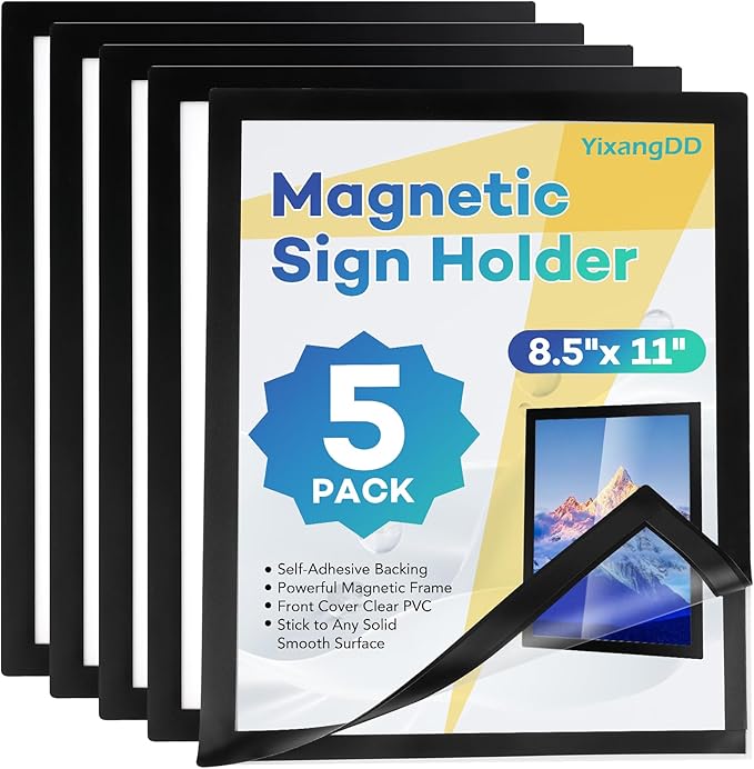 5 Pack Magnetic Sign Holder 8.5 x 11,Self-Adhesive Magnetic Wall Mount Sign Holder, Magnetic Document Holder for Wall Window Office Poster Store