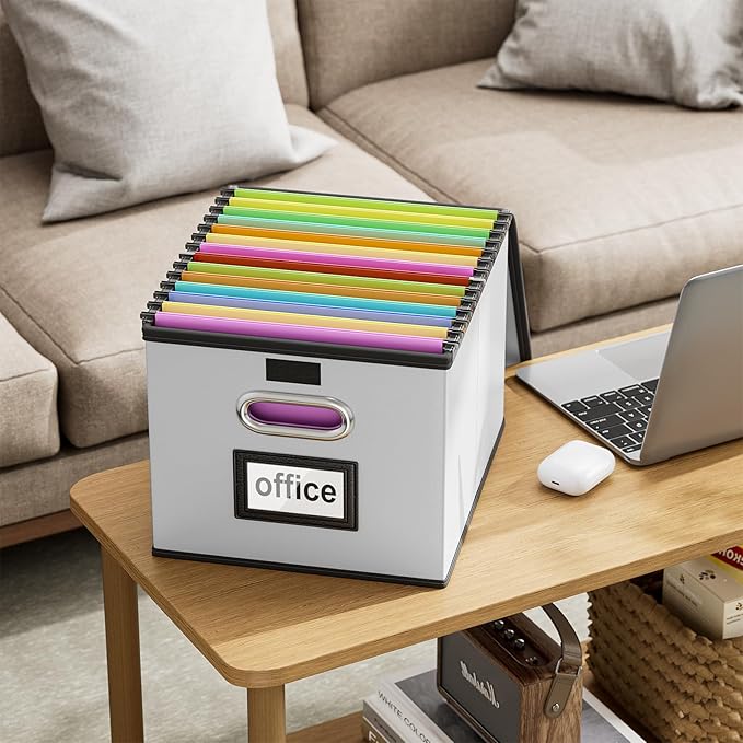 Huolewa Upgraded Portable Leather File Organizer Boxes with Lids, Office Document Boxes Organizer, Filing Boxes, Decorative Small File Boxes for Hanging Files, File Cabinet for Office/Home - 4 Pack