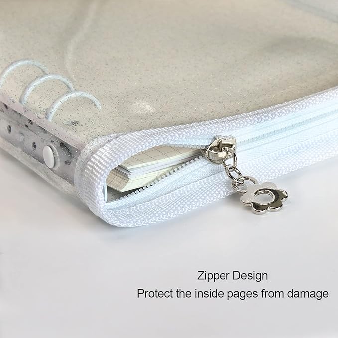 Multibey A5 Binder Cover Clear Soft PVC 6-Ring Binder Budget Evelopes System with Zipper Planner Organizer Refillable Notebook Journal Binder (White, A6)