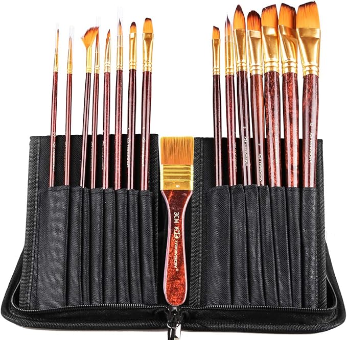 Transon 16pcs Professional Long Artist Paint Brush Set with Brush Case Assorted for Acrylic Watercolor Gouache Oil Tempera and Body Painting