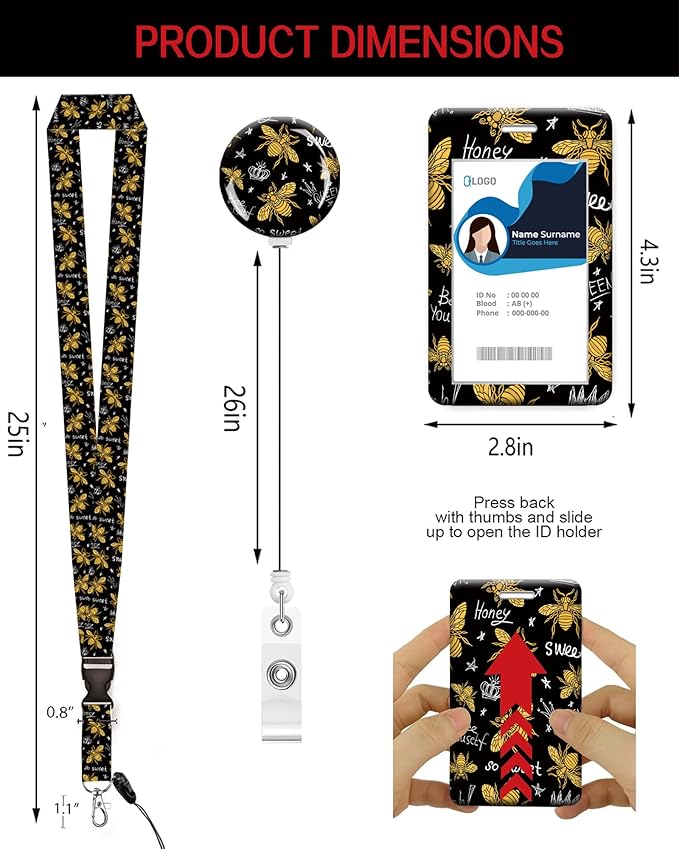 ID Badge Holder with Retractable Lanyard and Keychain, Badge Reel with Rotate Carabiner Clip,Honey Bee Card Name Tag Lanyard ID Protector Bage Clips for Student, Women, Office